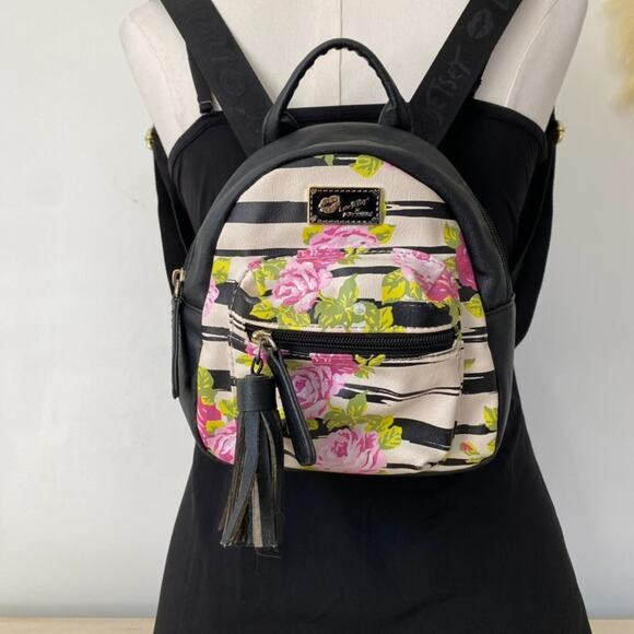 Betsey Johnson Womens Floral Striped Mini Backpack Purse Tassel Boho Festival - Picture 1 of 16